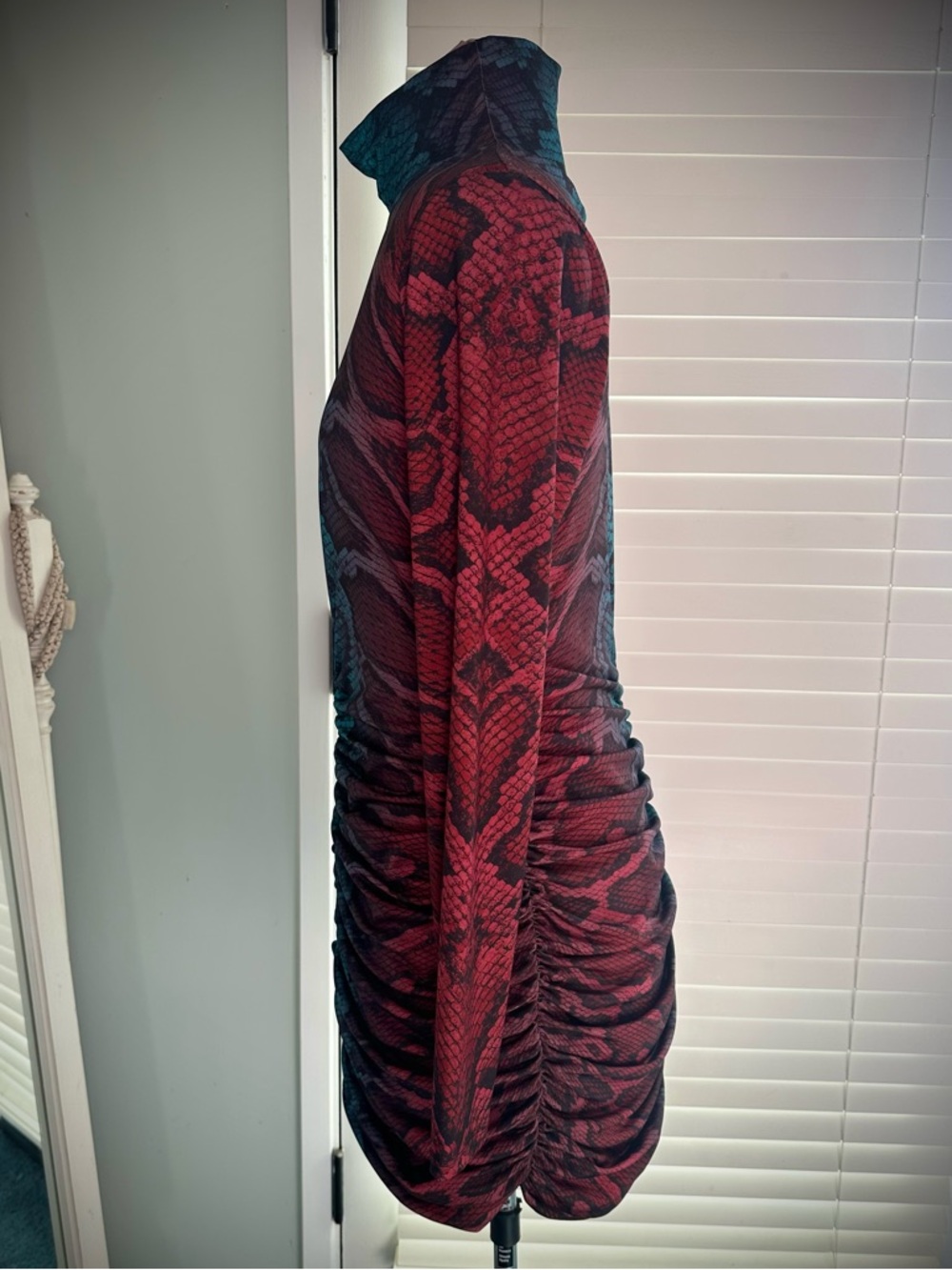 AFRM Long-Sleeve High Neck Ruched Bodycon Dress in Teal and Red - Picture 3 of 5